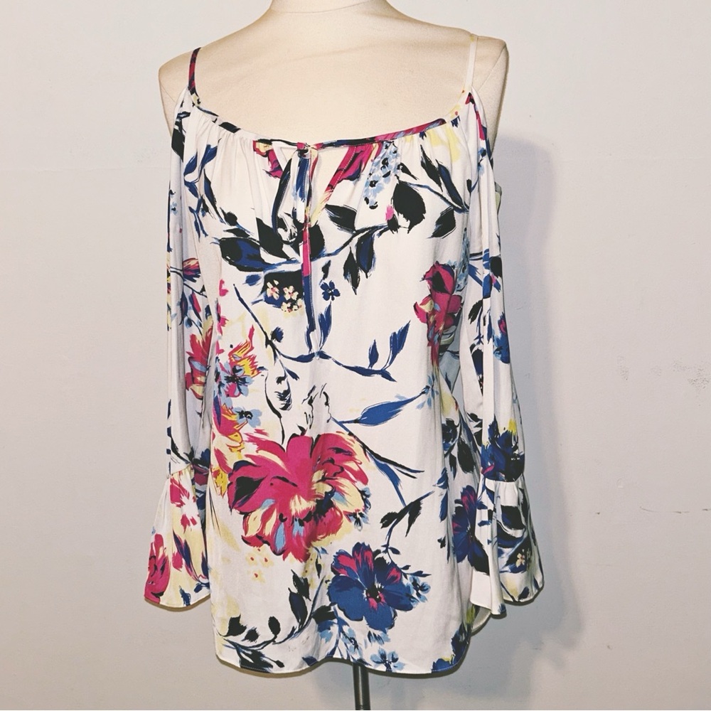 INC White Floral Cold Shoulder Top